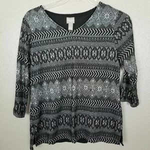 Chico's Women's Black & Sparkly Silver Lined 3/4 Sleeve Scoop Neck Knit Top 10